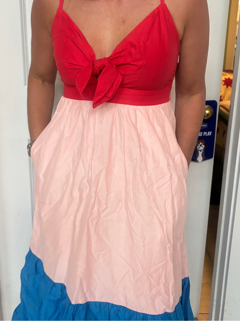 J.Crew Factory Red, Ink& Blue Tie Front Midi Dress